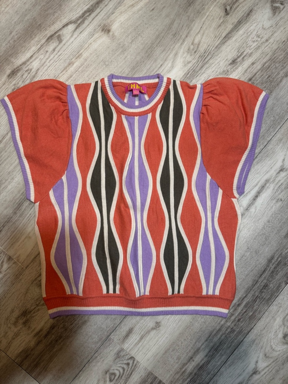Women’s Knit THML Retro Wave Short Sleeve Sweater in Orange, Purple & Olive